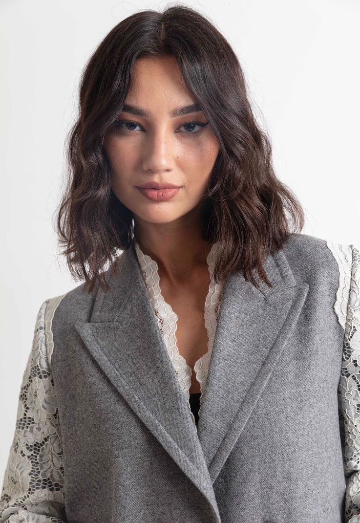 Women's Lace Blazer with Long Formal Design and Lace Details : Front view