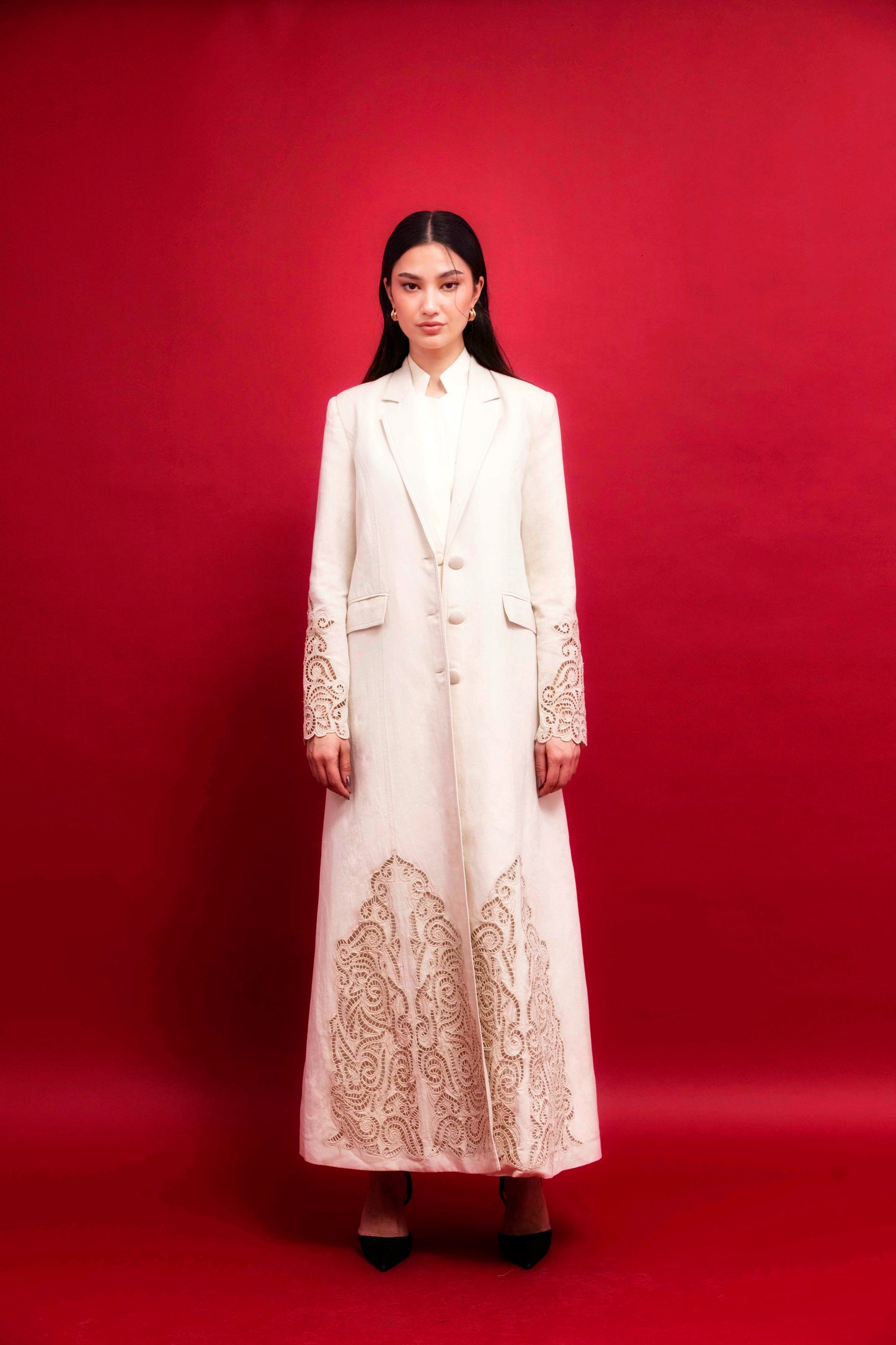 Beige Linen Blazer with Embroidery : Front view