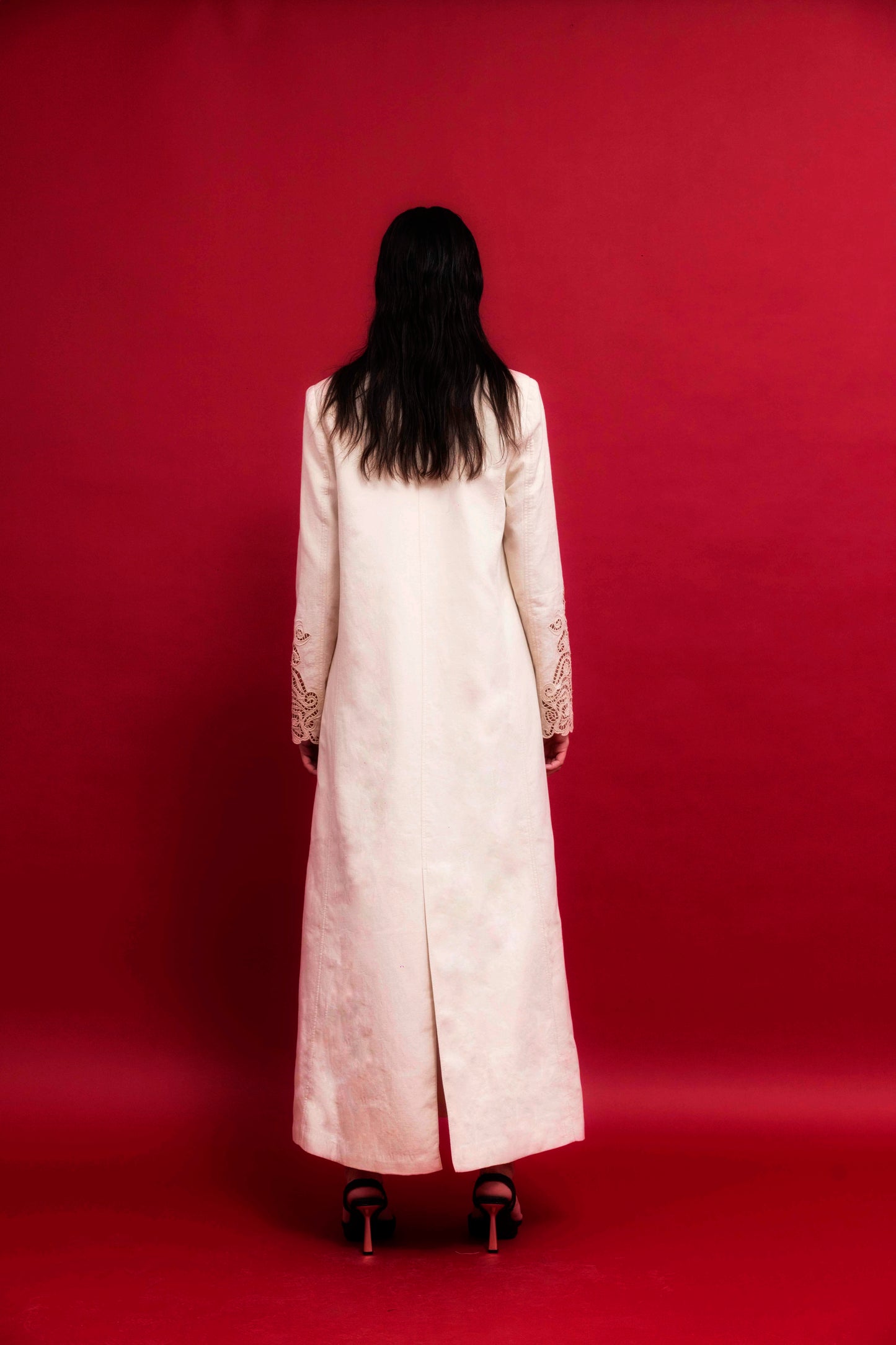 Beige Linen Blazer with Embroidery : Back view