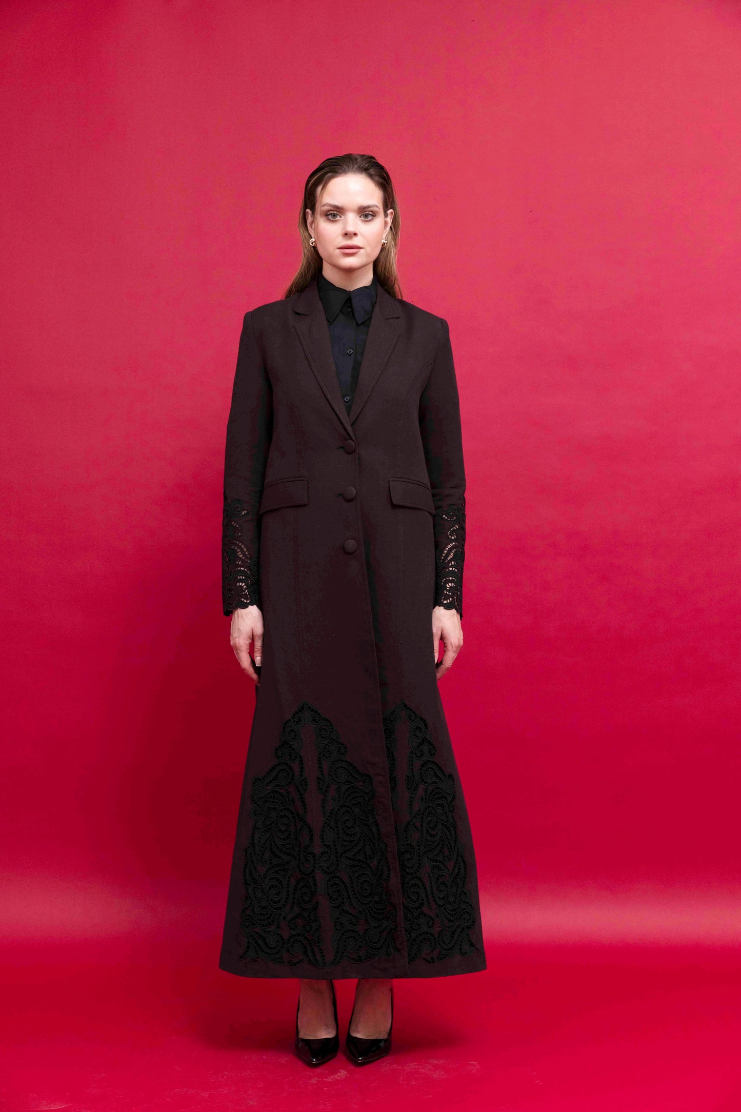 Black Linen Blazer with Embroidery : Front view