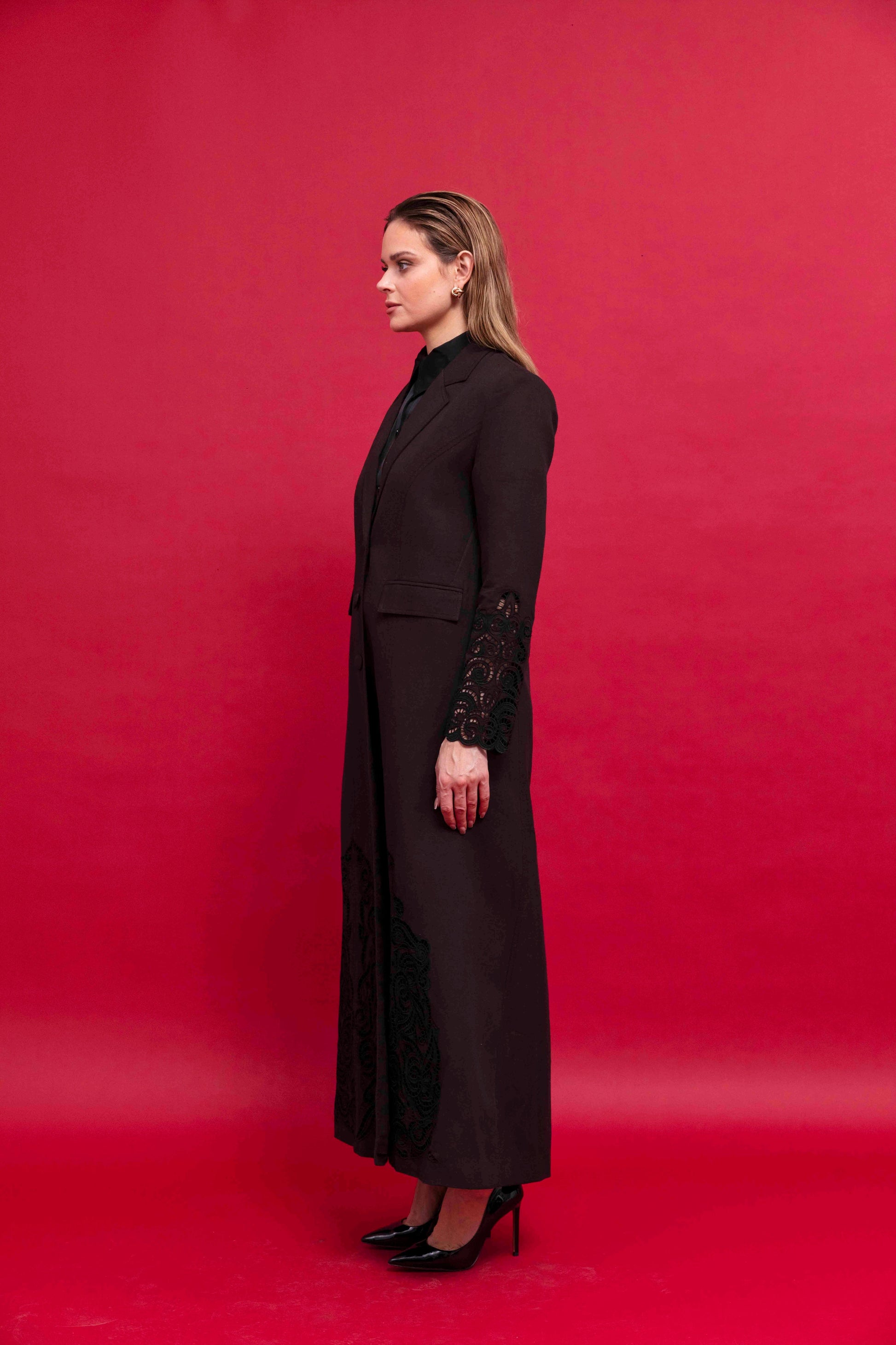 Black Linen Blazer with Embroidery : Side view