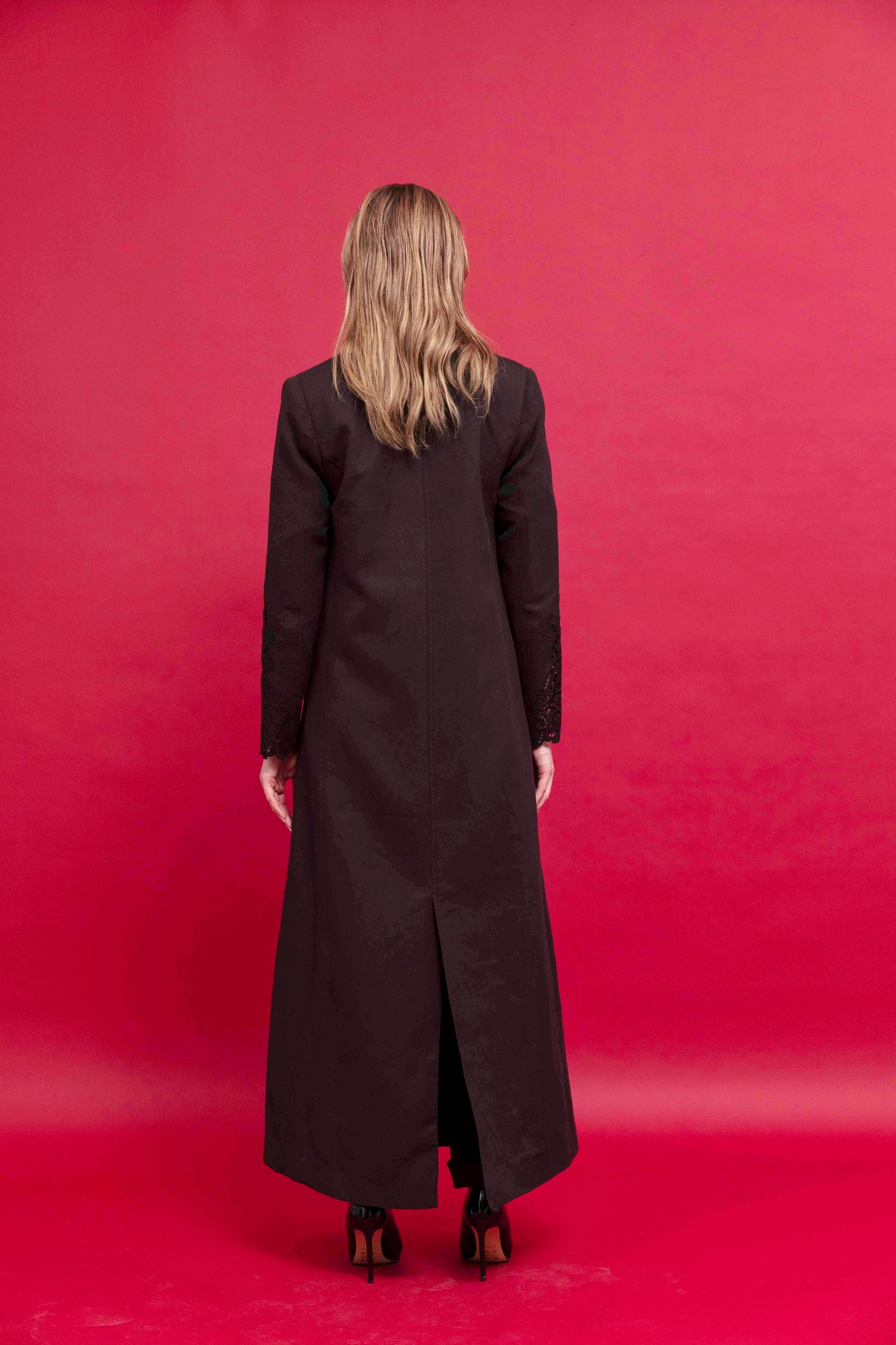Black Linen Blazer with Embroidery : Back view