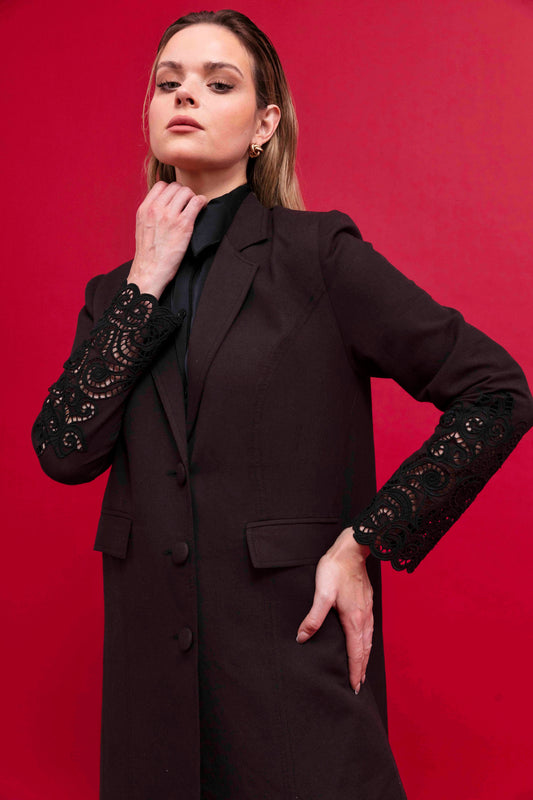Black Linen Blazer with Embroidery : Front view