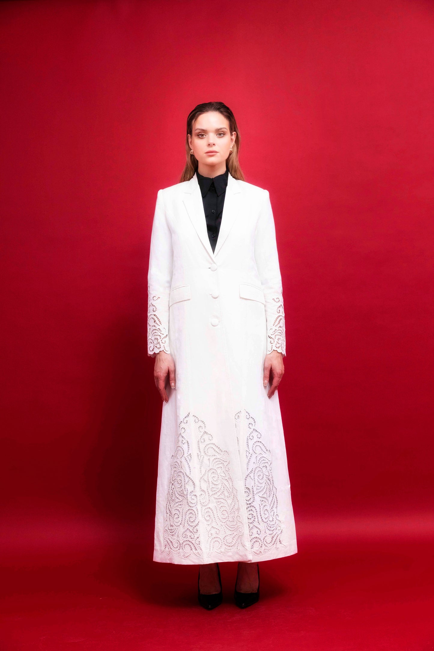 Off White Linen Blazer with Embroidery for Women | Stylish : Front view
