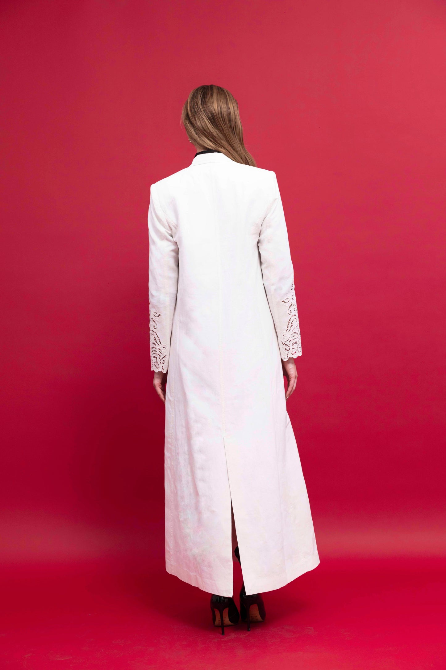 Off White Linen Blazer with Embroidery for Women | Stylish : Back view