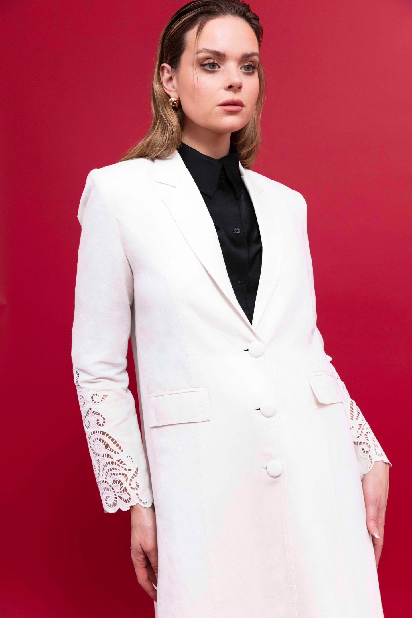 Off White Linen Blazer with Embroidery for Women | Stylish : Front view