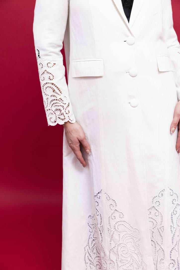 Off White Linen Blazer with Embroidery for Women | Stylish : Front view