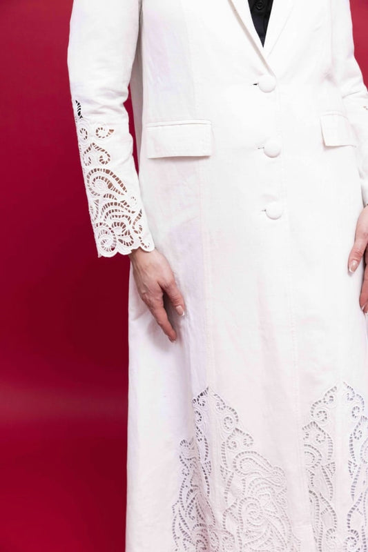 Off White Linen Blazer with Embroidery for Women | Stylish : Front view