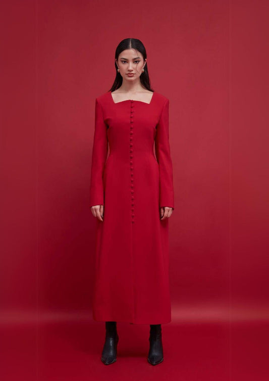 Structured Buttoned Dress in Crepe : Front view