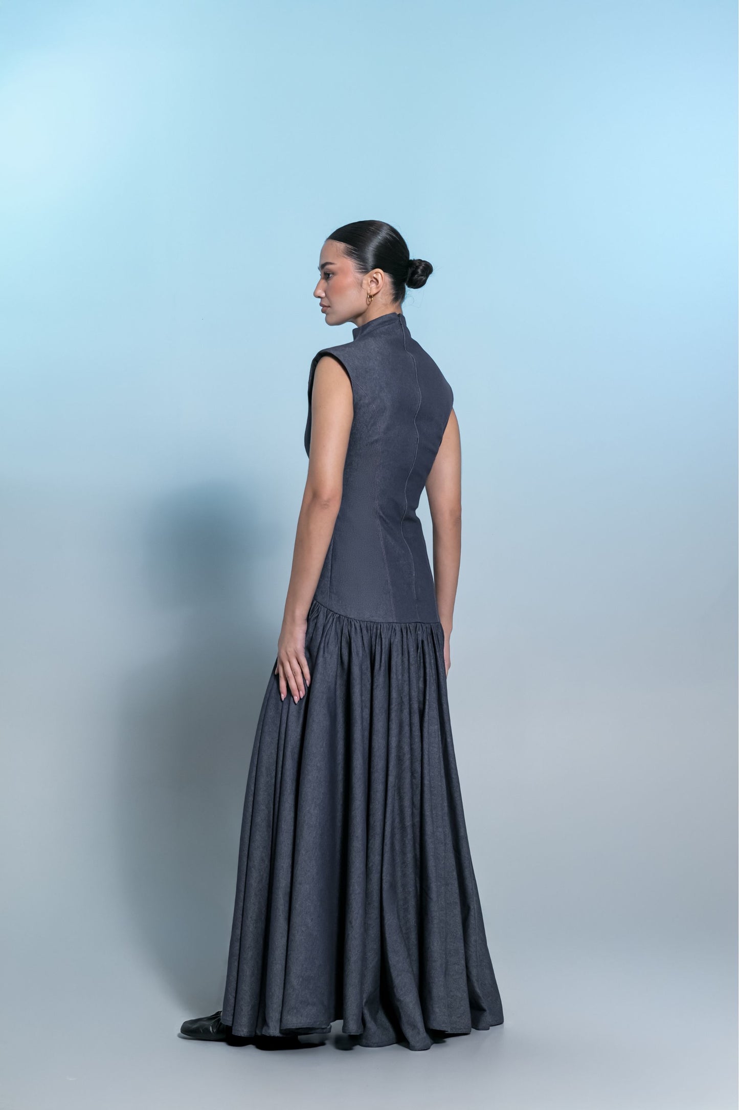 Denim drop waist maxi dress