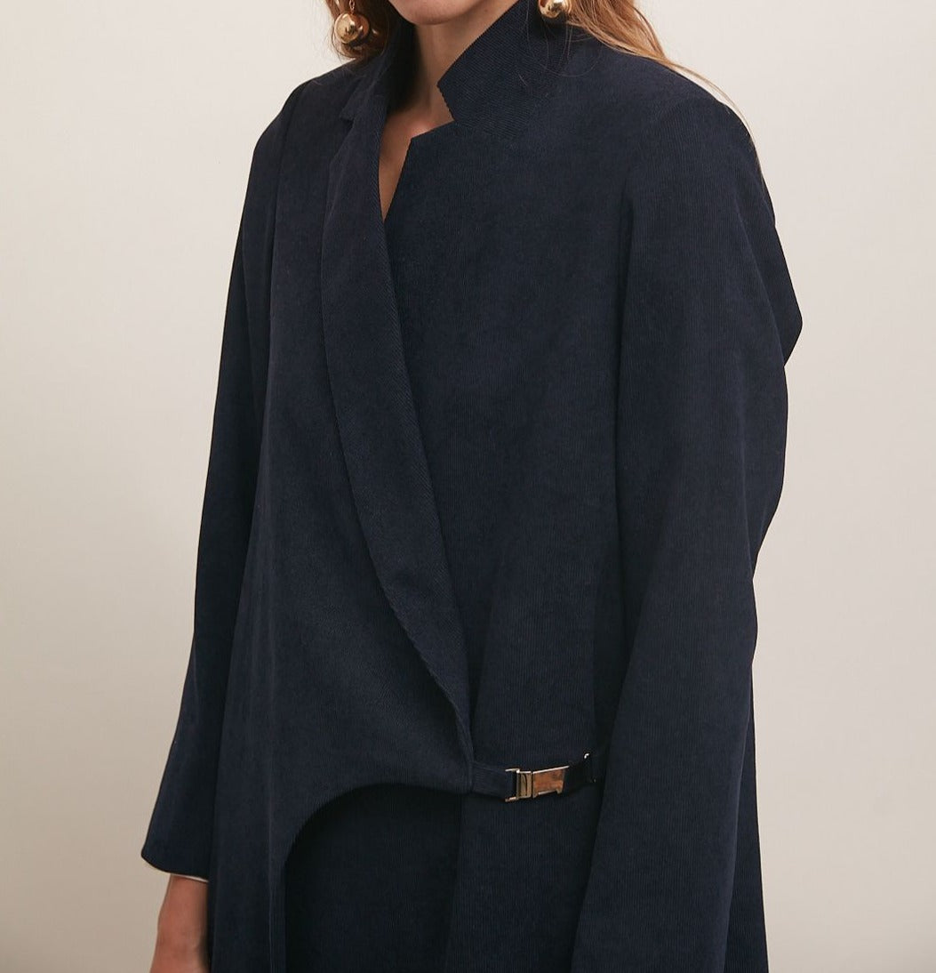 Navy Corduroy Buckled Blazer for Women | Stylish Blazer : Front view