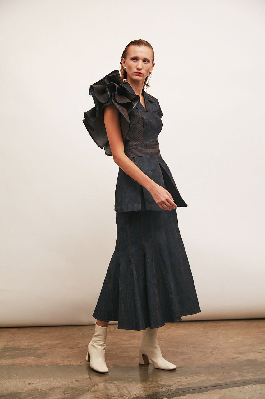 Navy Blue Denim Fitted Skirt : Side view