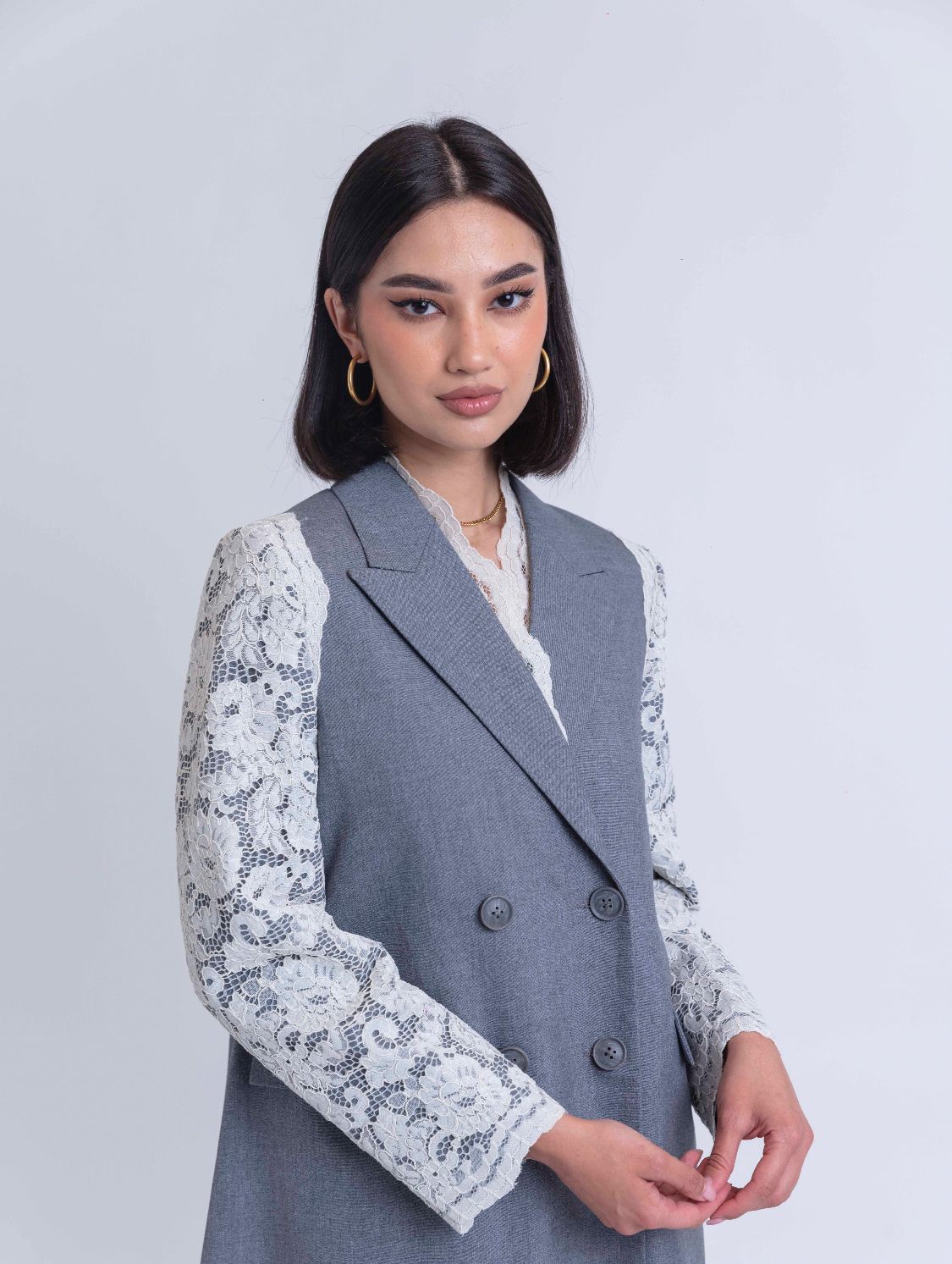 Women's Lace Blazer with Long Formal Design and Lace Details : Front view