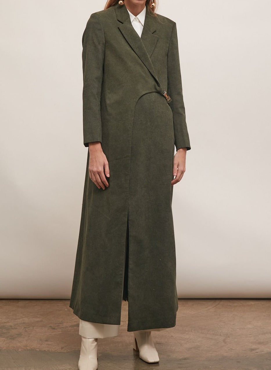 Olive Green Corduroy Blazer for Women with Buckled Detail : Front view