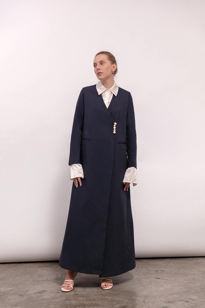 Pinstriped Pearl Blazer for Women in Crepe Fabric : Front view