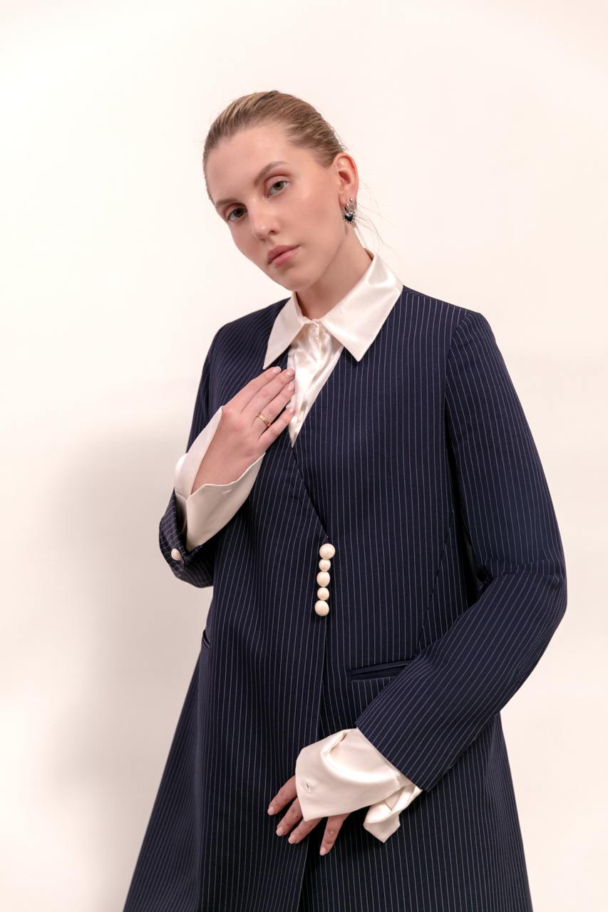 Pinstriped Pearl Blazer for Women in Crepe Fabric : Front view