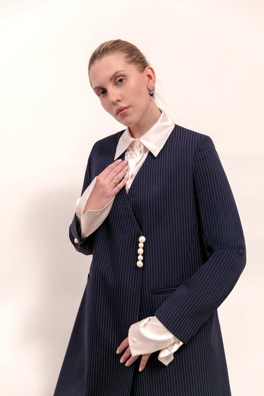Pinstriped Pearl Blazer for Women in Crepe Fabric : Front view