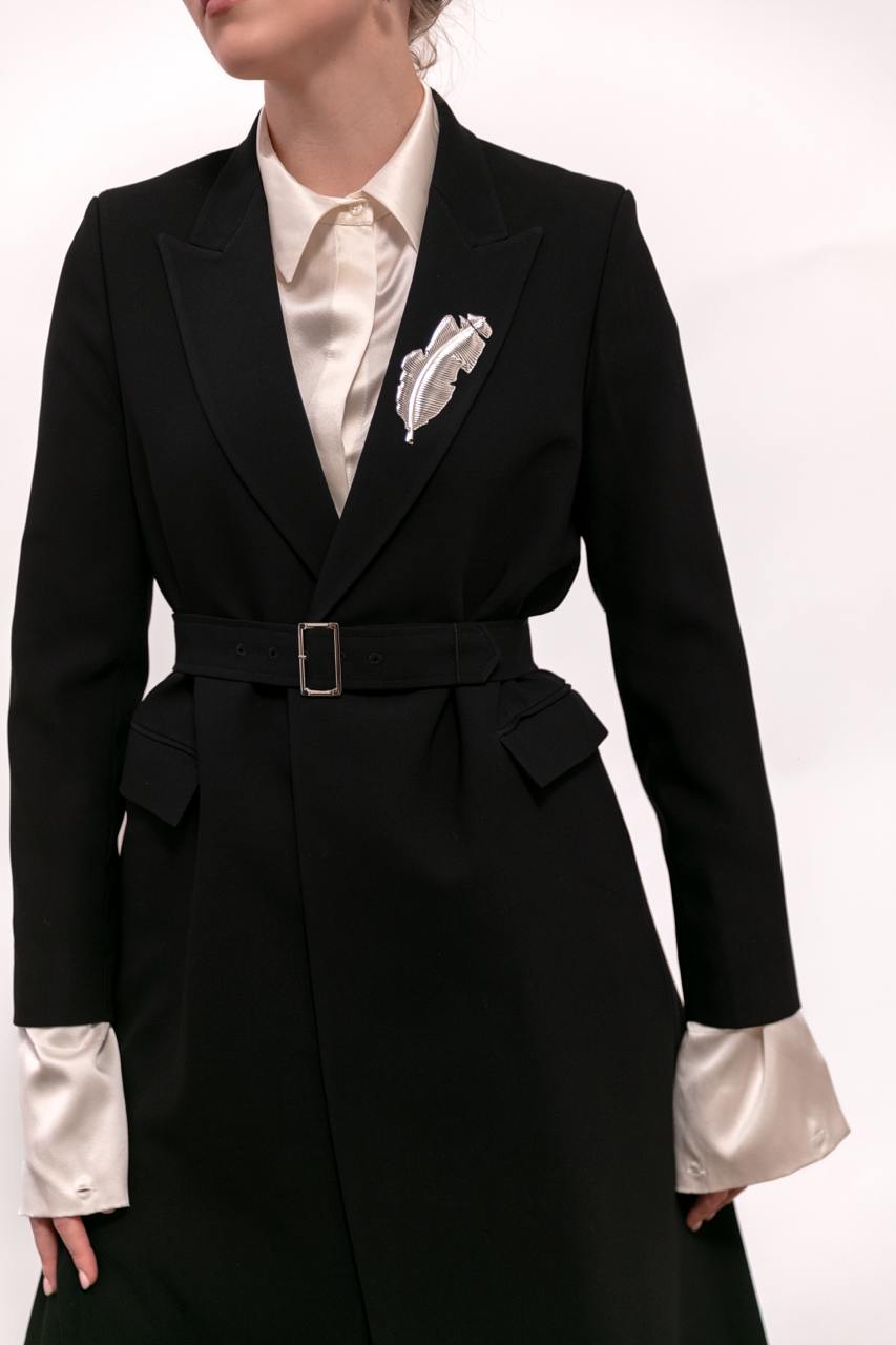 Silver Feather Black Blazer Set – Women’s Crepe Blazer : Front view