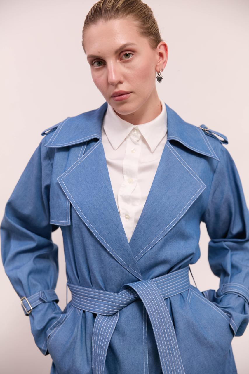 Cotton Denim Women's Long Blazer : Front view