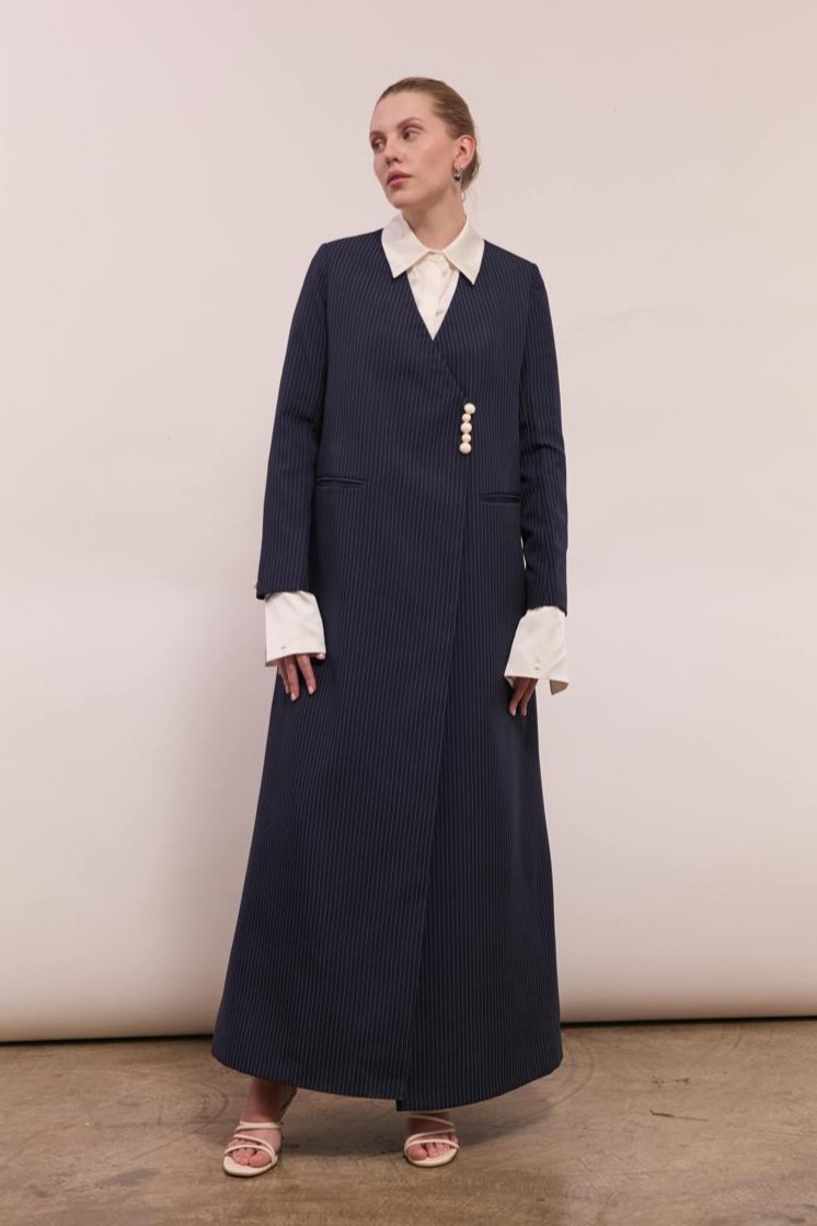 Navy Pinstriped Pearl Blazer for Women in Crepe Fabric : Front view
