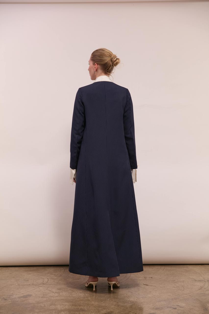 Navy Pinstriped Pearl Blazer for Women in Crepe Fabric : Back view