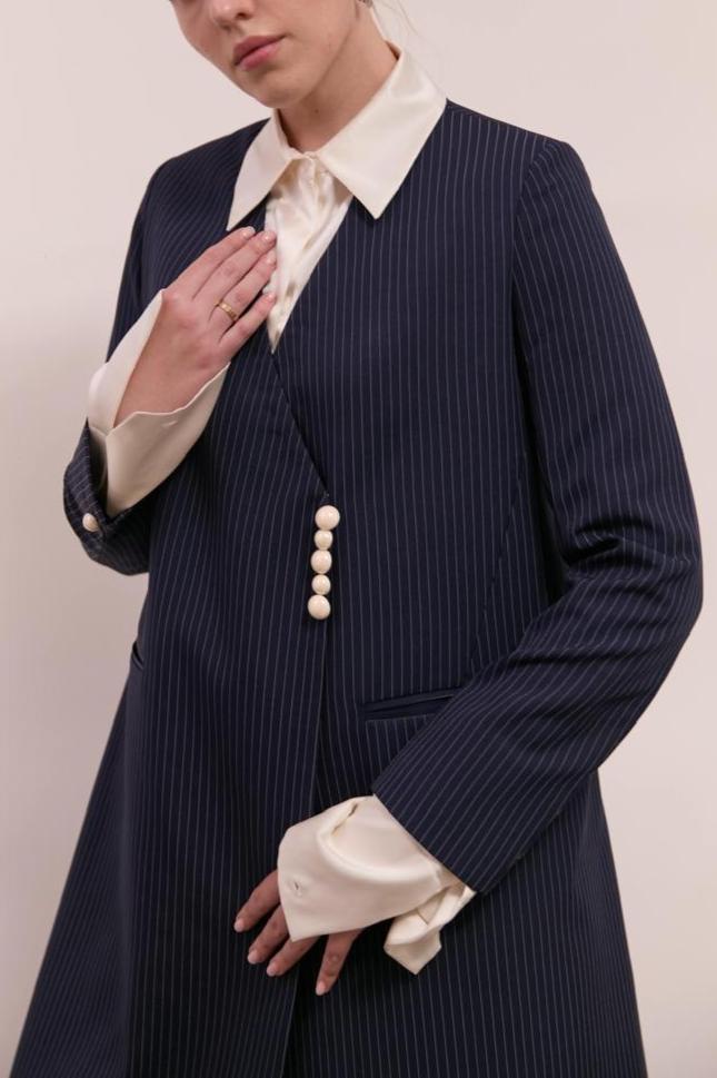Navy Pinstriped Pearl Blazer for Women in Crepe Fabric : Front view