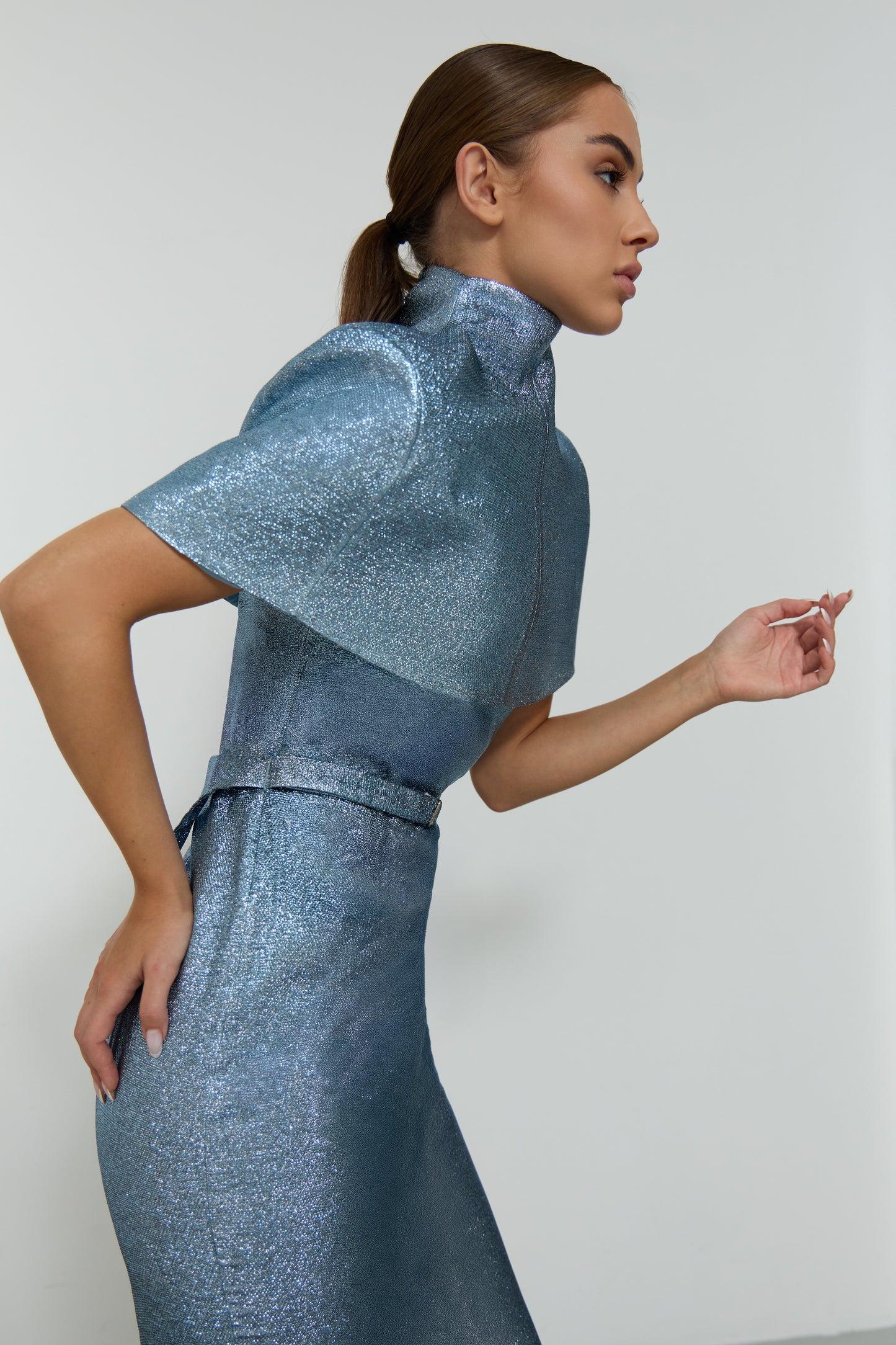 CAPED TOP METALLIC BELTED DRESS
