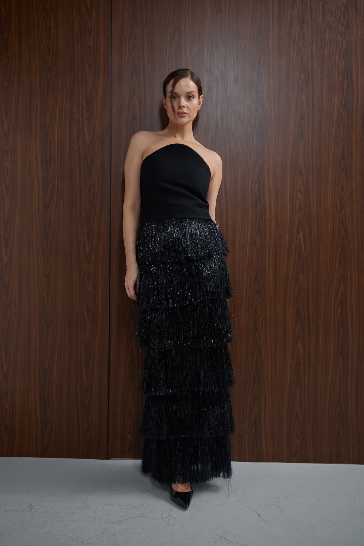 Fringed Layered Shiny Long Skirt
