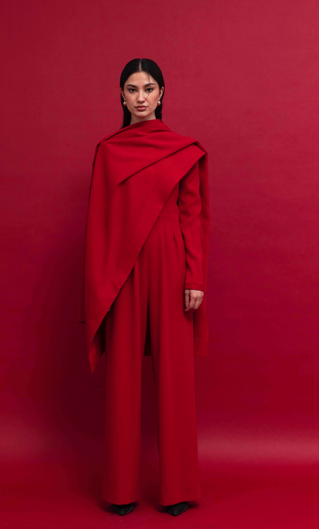 Red Crepe Jumpsuit with Scarf Detail : Front view