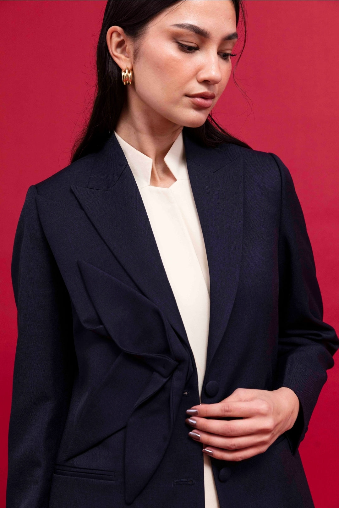 Women's Navy Flower Blazer : Front view