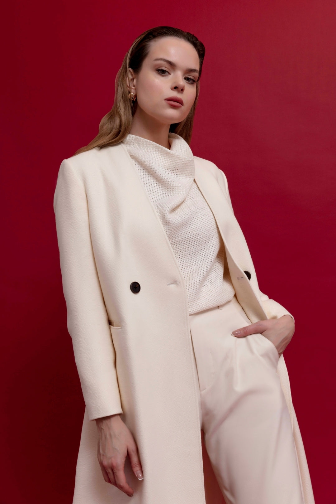 Layered Scarf Long Wool Coat for Women in Elegant Design : Front view