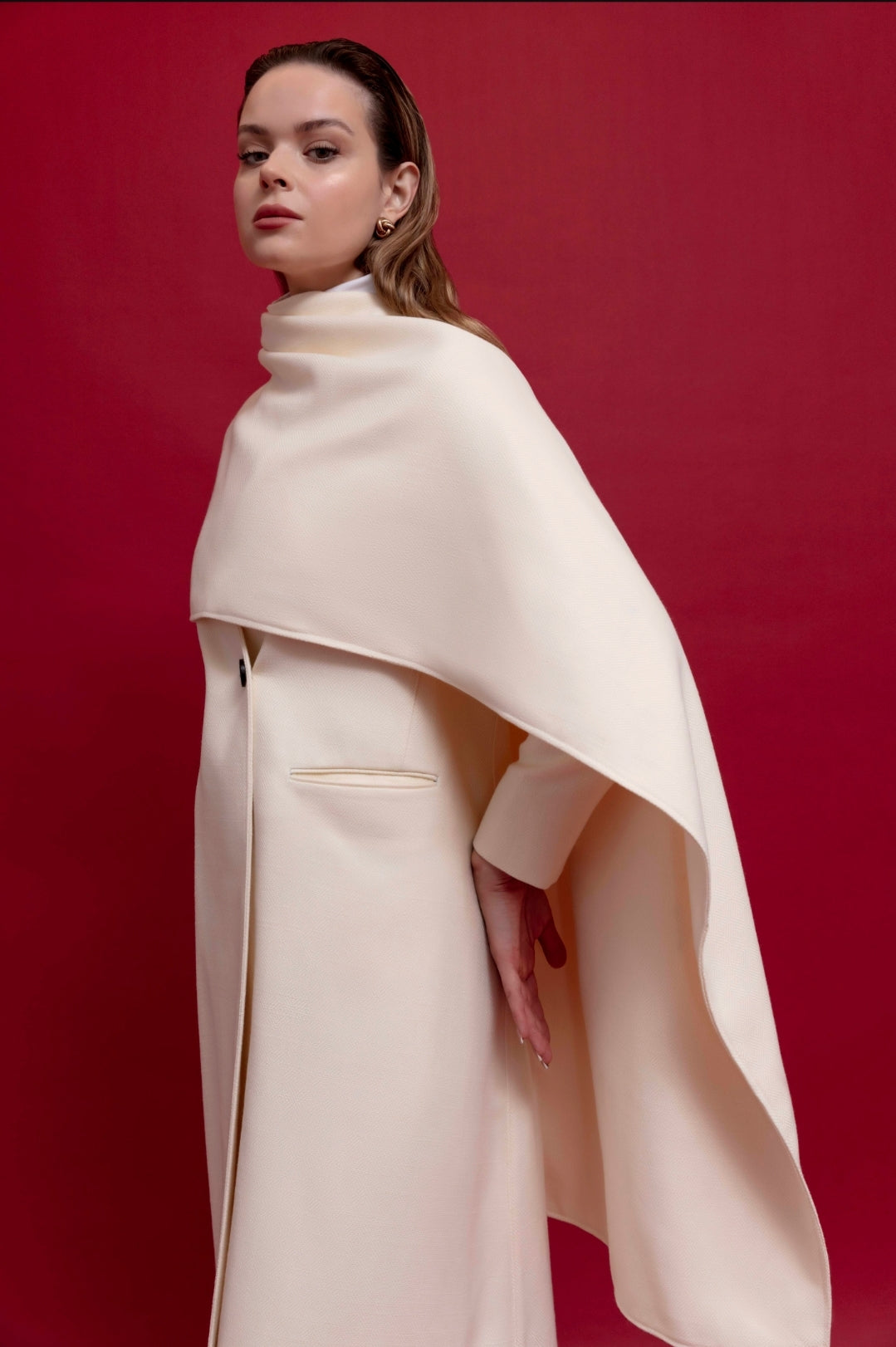 Layered Scarf Long Wool Coat for Women in Elegant Design : Side view
