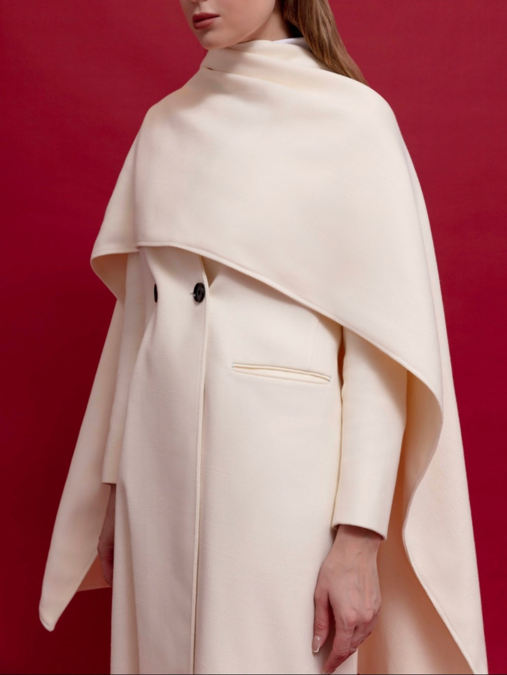 Layered Scarf Long Wool Coat for Women in Elegant Design : Front view