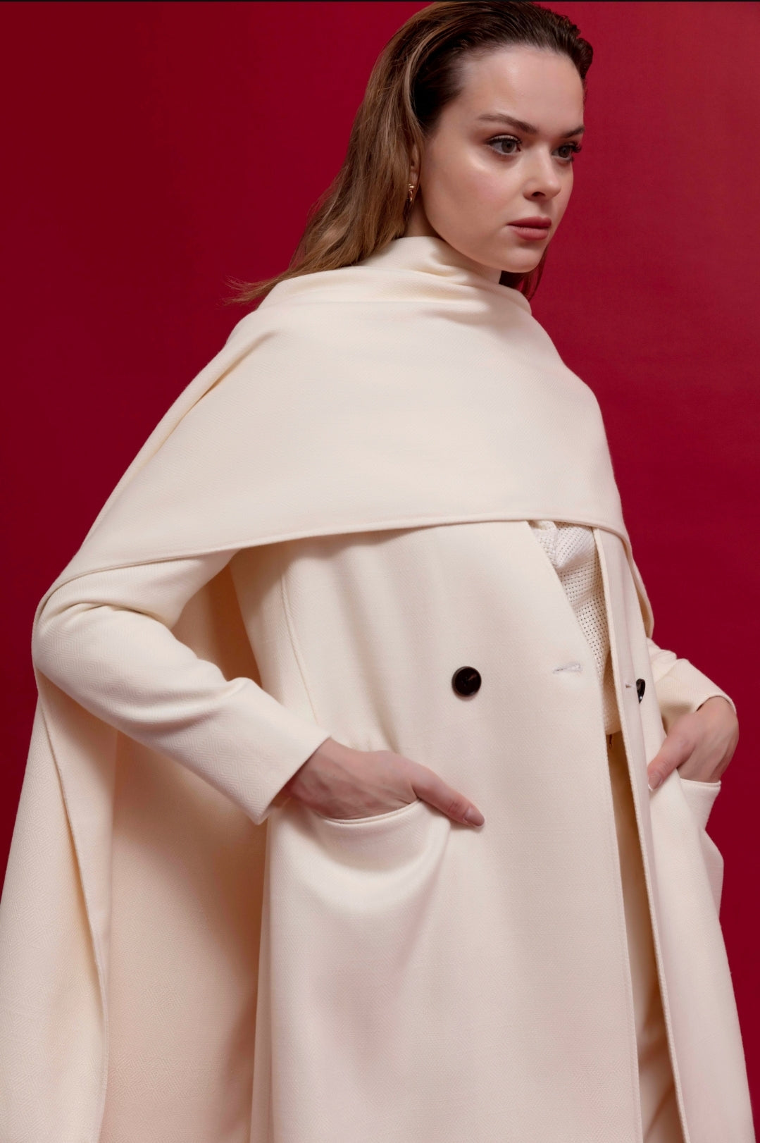 Layered Scarf Long Wool Coat for Women in Elegant Design : Side view