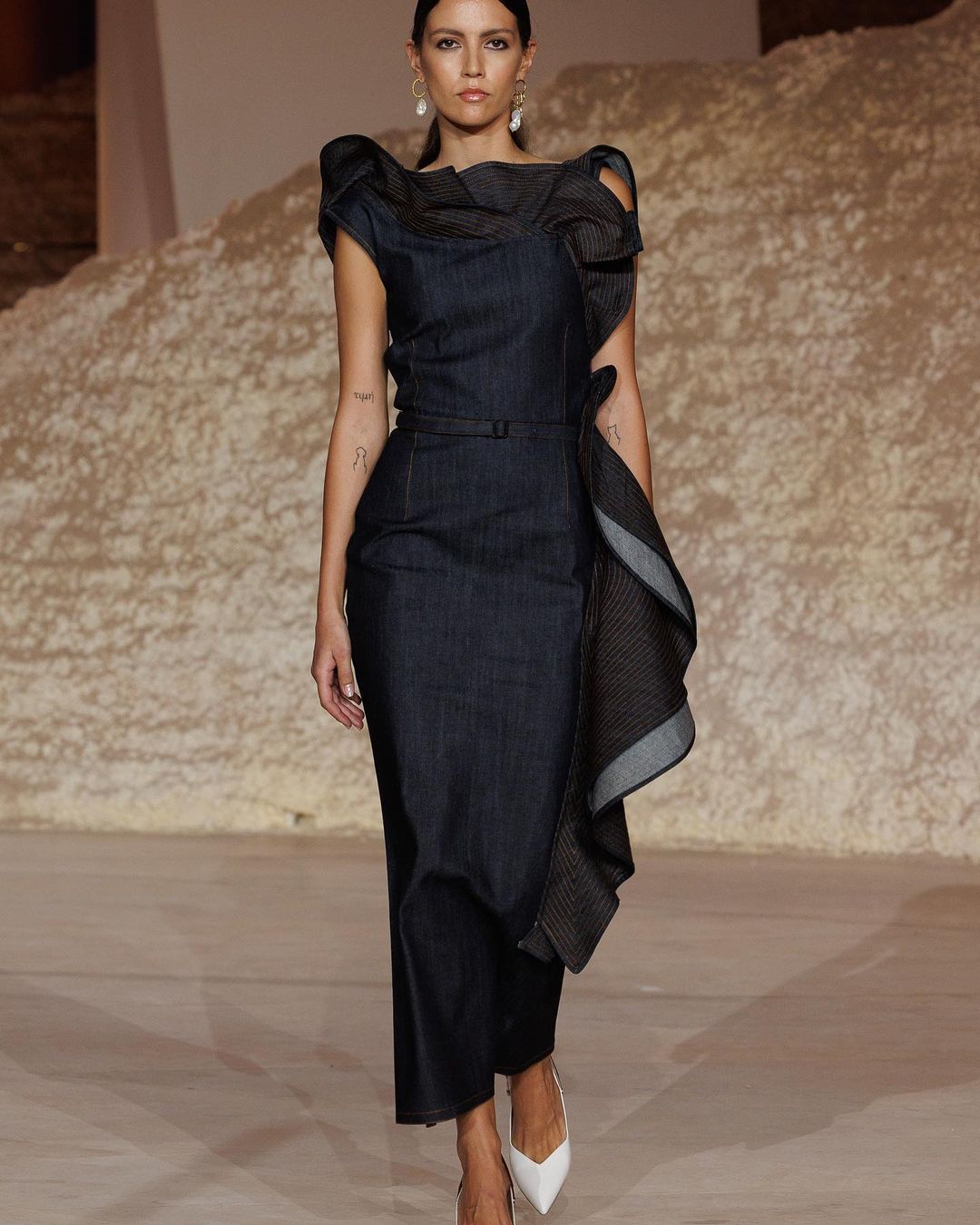 Black Denim Ruffled Dress : Front view