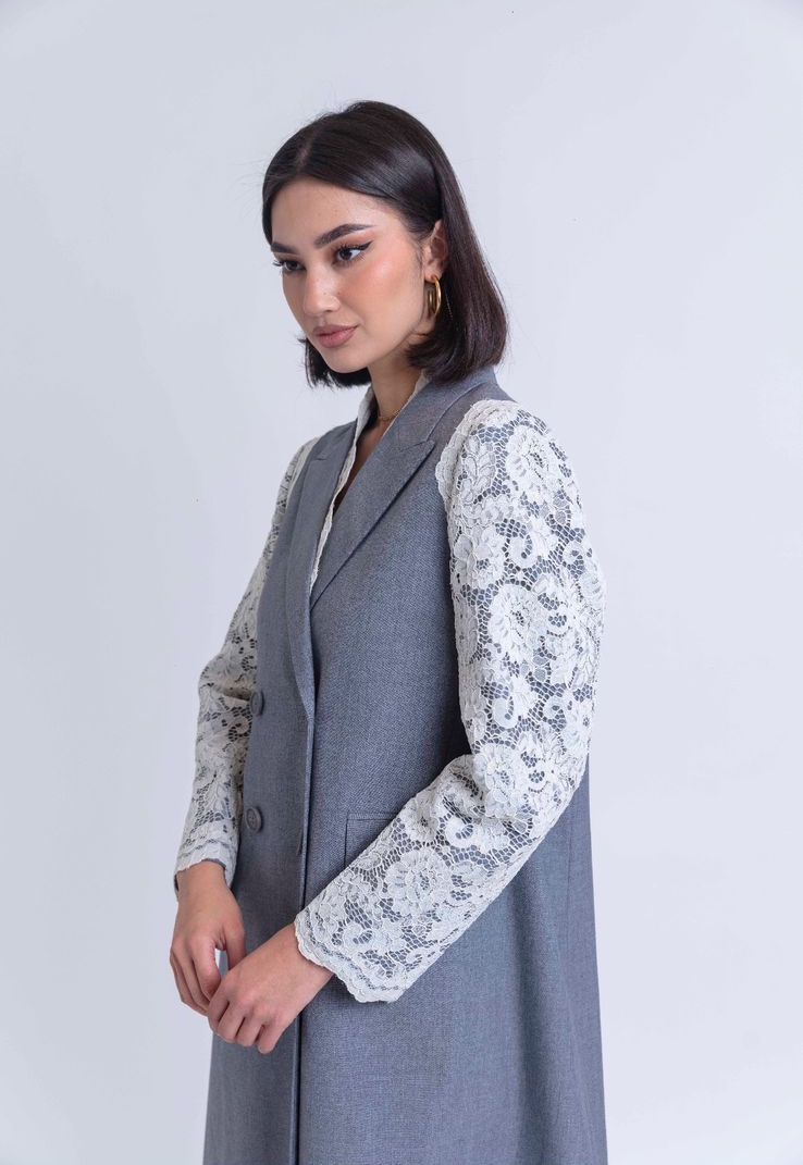 Women's Lace Blazer with Long Formal Design and Lace Details : Side view