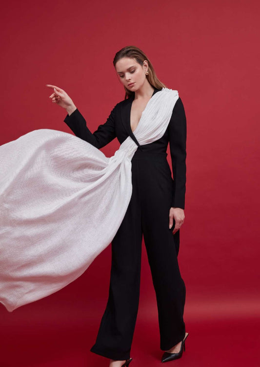 Black and White Layered Draped Jumpsuit in Crepe Fabric : Front view