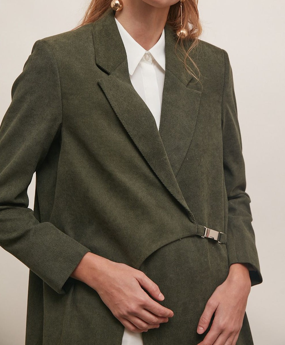 Olive Green Corduroy Blazer for Women with Buckled Detail : Front view
