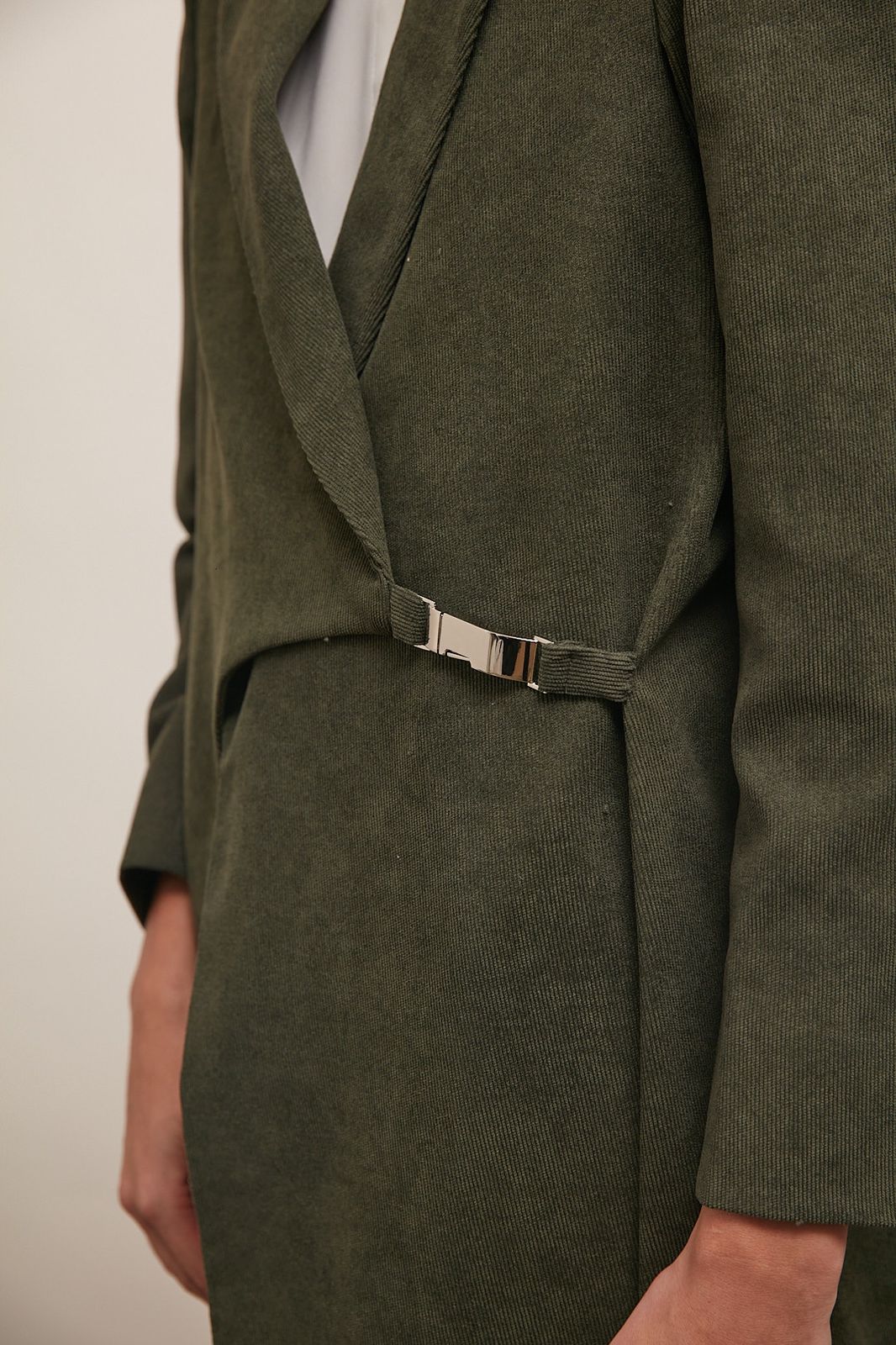 Olive Green Corduroy Blazer for Women with Buckled Detail : Side view