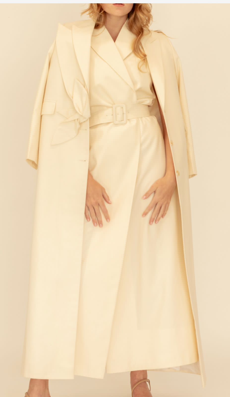 Cream Long Blazer with 3D Leaves Detail : Front view
