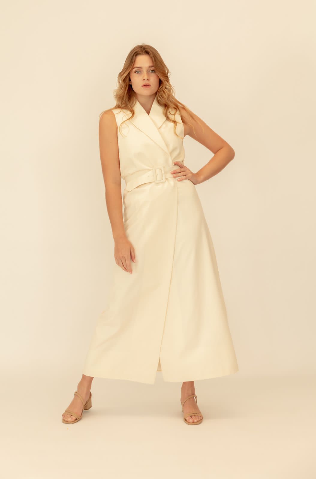 Cream Long Blazer with 3D Leaves Detail : Front view