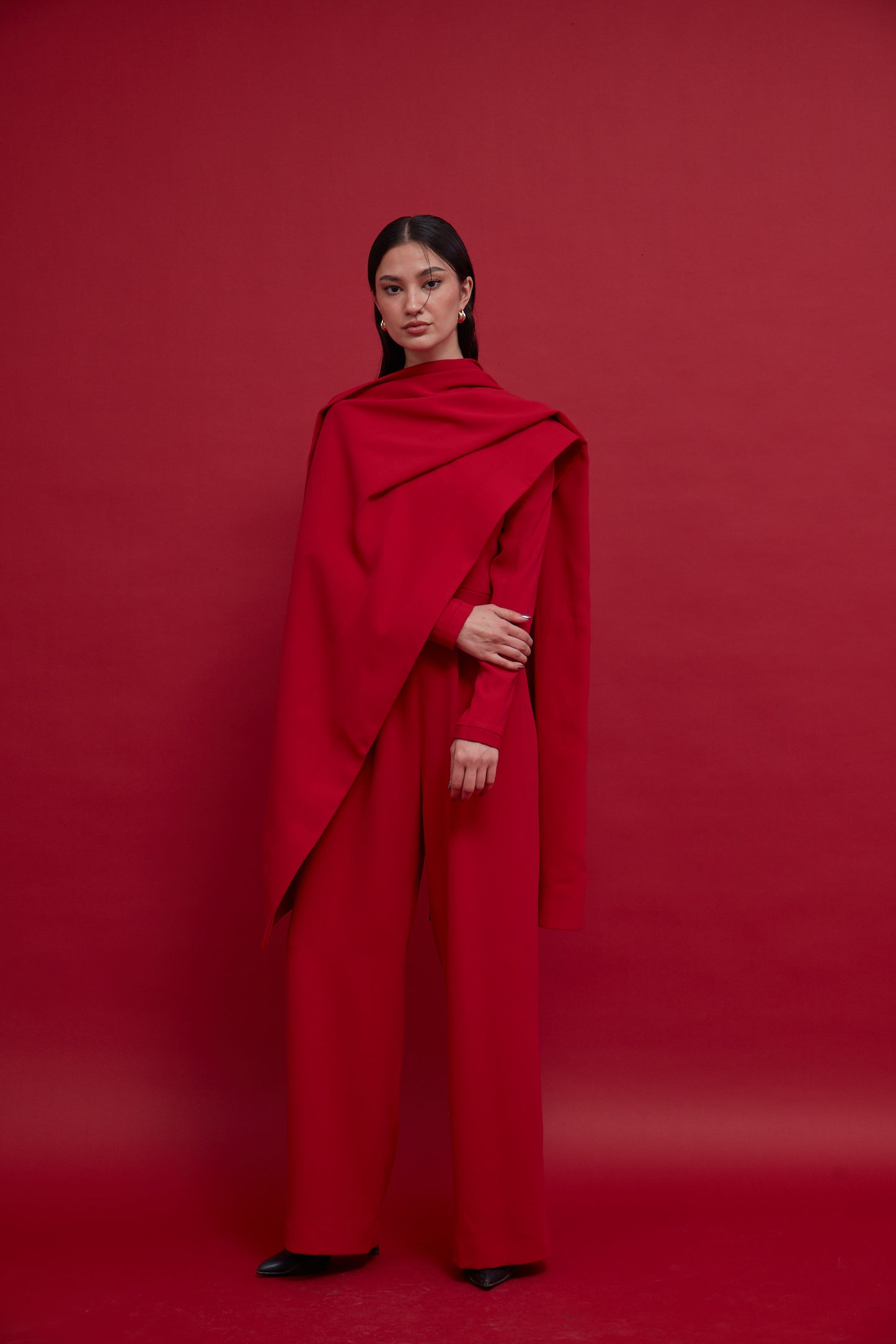 Red Crepe Jumpsuit with Scarf Detail : Front view