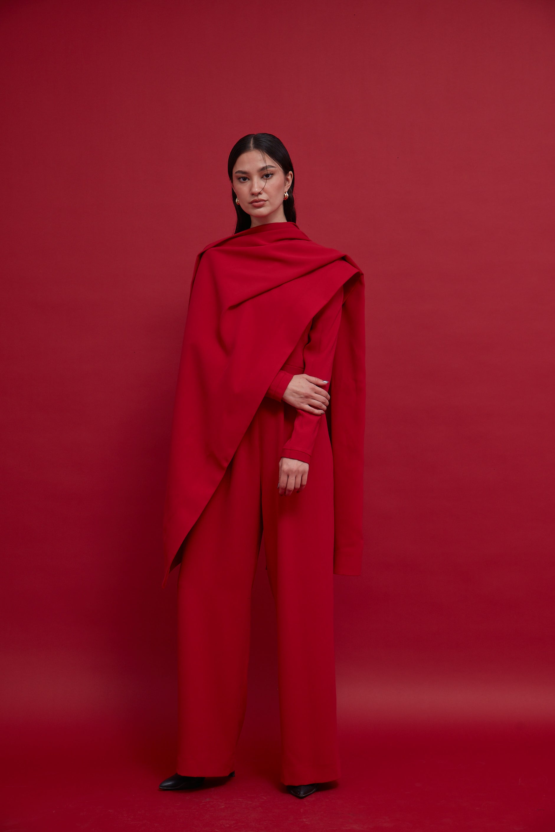 Red Crepe Jumpsuit with Scarf Detail : Front view