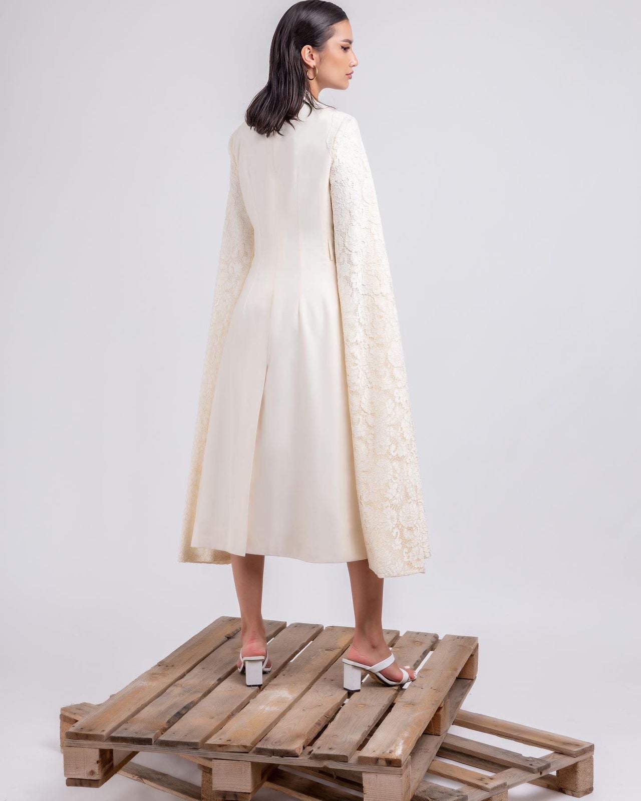 Ivory Lace Cape Suit Dress | Cape Sleeve Dress for Women : Back view