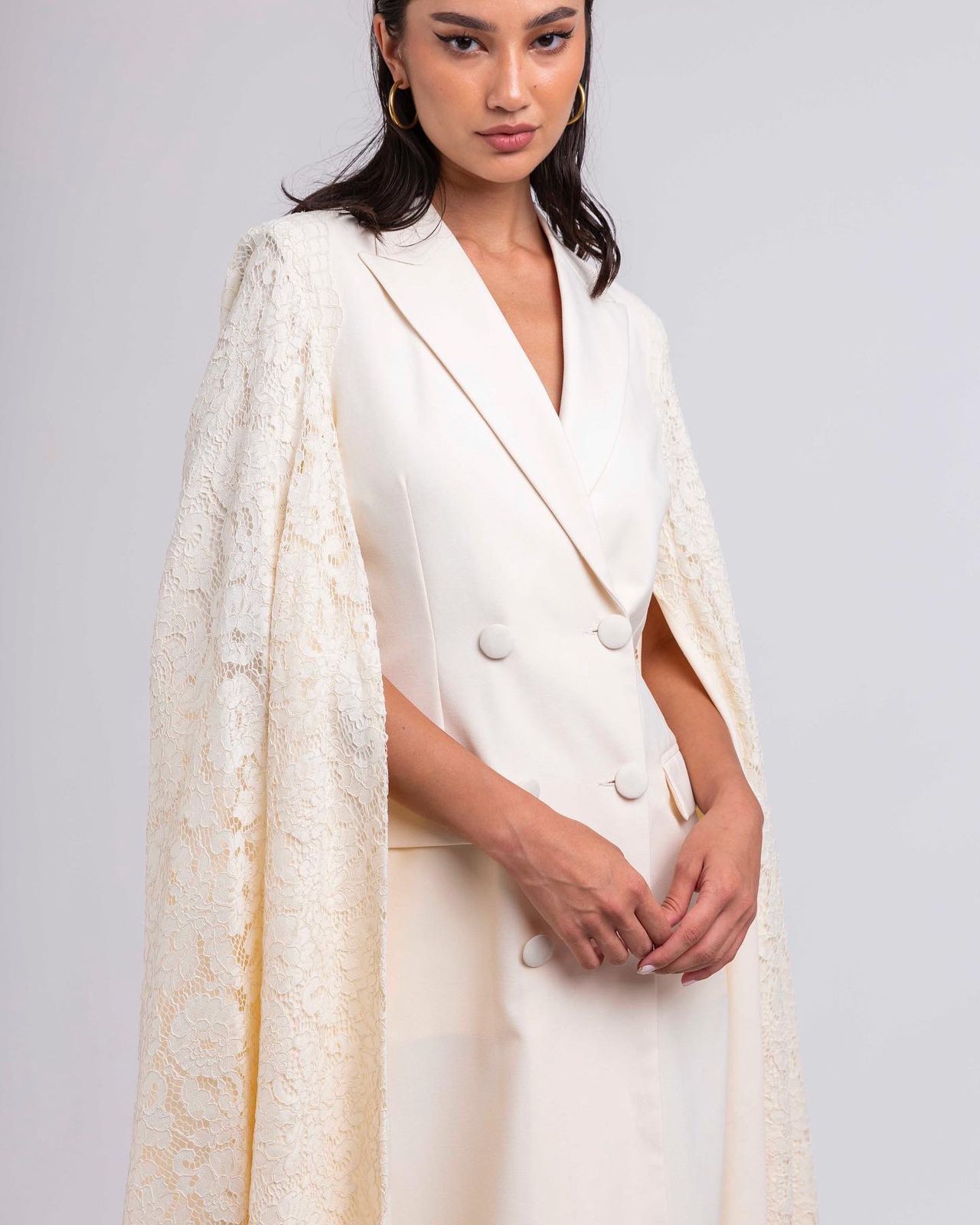 Ivory Lace Cape Suit Dress | Cape Sleeve Dress for Women : Side view