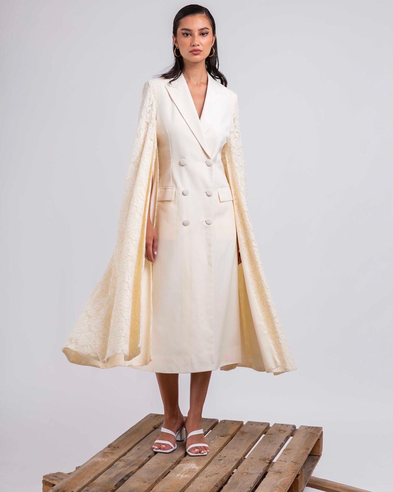 Ivory Lace Cape Suit Dress | Cape Sleeve Dress for Women : Front view