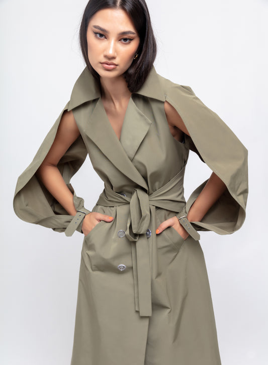 Puffy Sleeve Trench Coat for Women in Taffeta Fabric : Front view