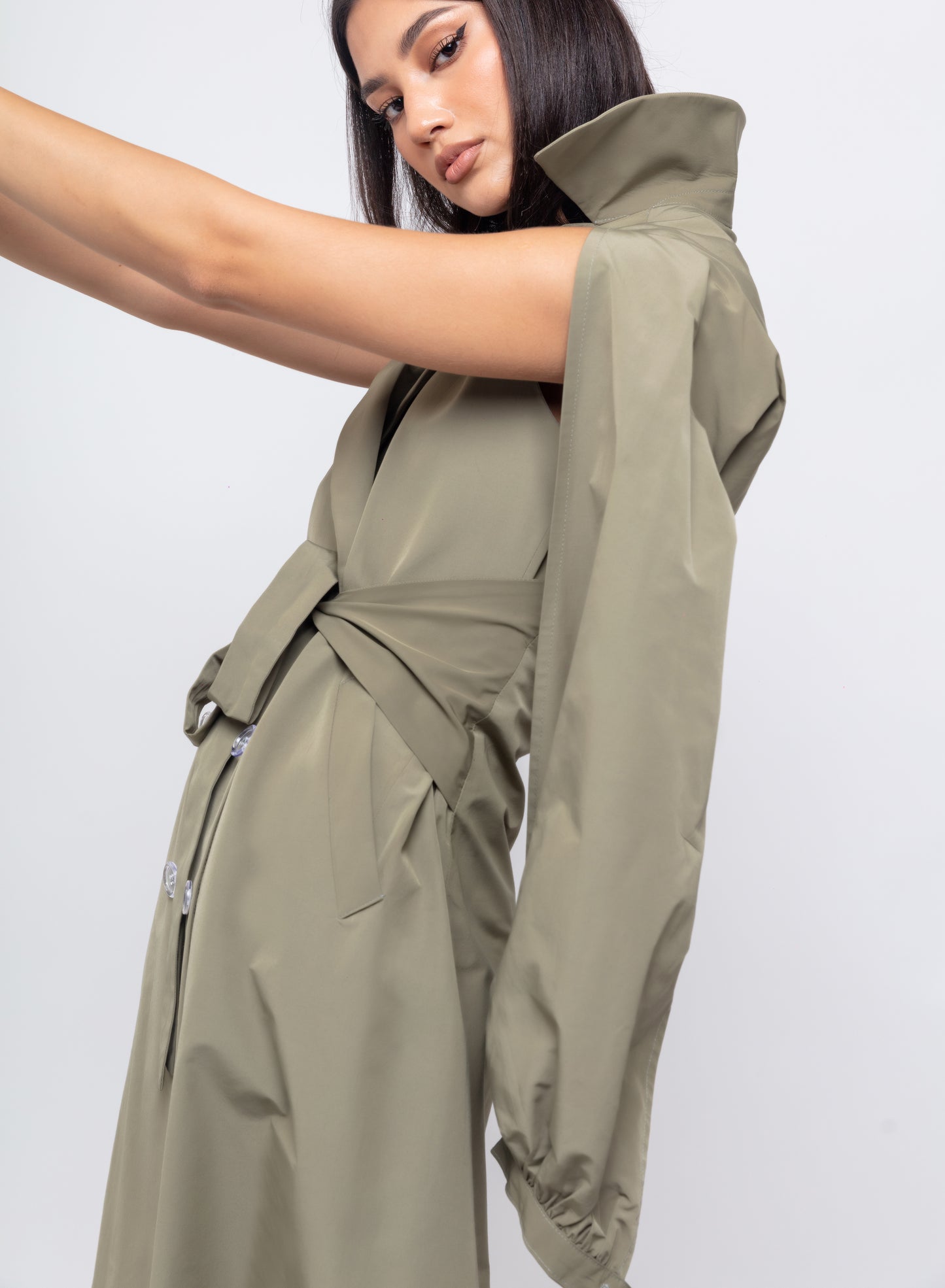 Puffy Sleeve Trench Coat for Women in Taffeta Fabric : Front view