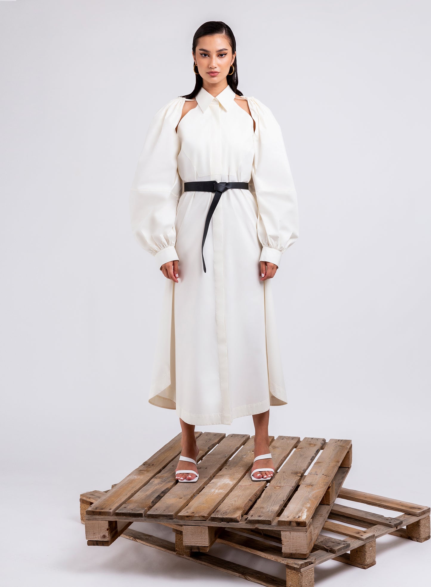 Oversized Sleeve Cotton Dress with Open Shoulders & Belt : Front view