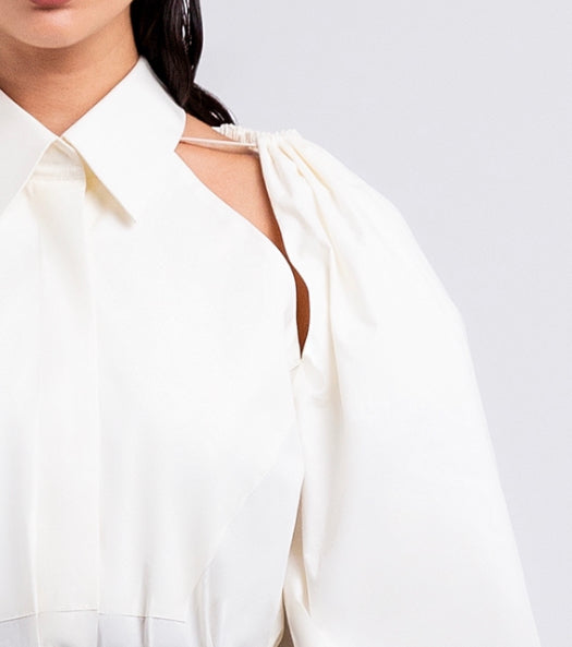Oversized Sleeve Cotton Dress with Open Shoulders & Belt : Front view